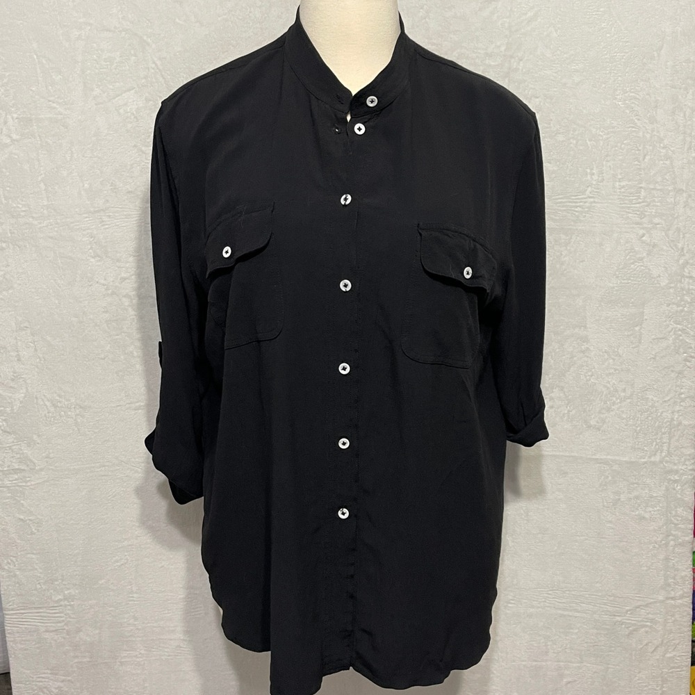 CAROLE LITTLE Black Long Sleeve Band Collar Button Up Shirt 24 Women Rayon USA